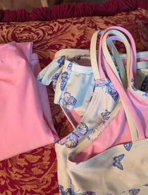 Girls 10-12 Summer Lot: Leotard, 2 Swimsuits, 3 Shorts, 4 Bralettes + Flip Flops